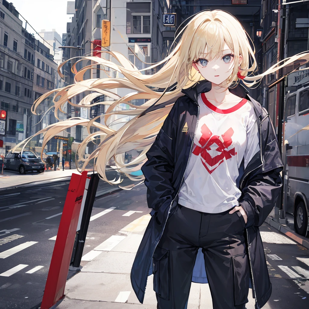 (T Masterpiece、Extremely high quality、high resolution、Best Quality)、((woman、woman、Years on、Solo))、Blonde、Light-colored eyes、Wearing a jacket over a shirt、Wearing cargo pants、Hands in pockets、Cheerful。