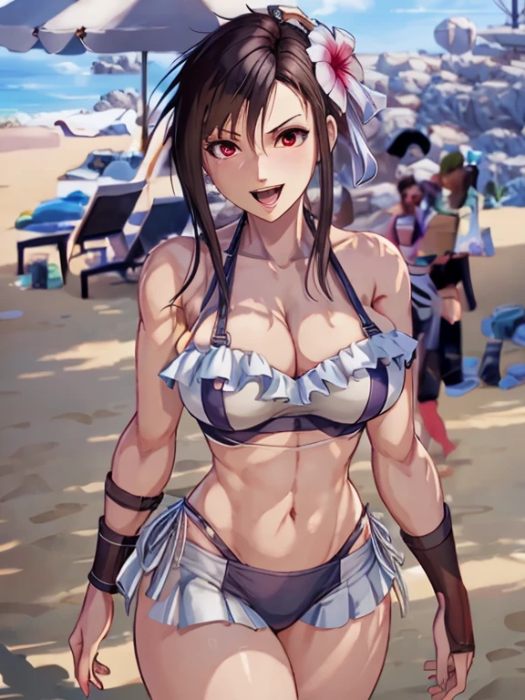 ((Best quality)), ((Masterpiece)), (detailed), masterpiece, best quality, 1girl, Tifa Lockhart, final fantasy, cowboy shot, tifa_sunshine, bikini, black hair, red eyes, sidelocks, swimsuit, frilled bikini, hair ornament, side-tie bikini bottom, bare shoulders, solo, breasts, hair flower, flower, cleavage, navel, large breasts, athletic figure, strong muscles, open mouth, teeth, thrilled expression, very excited, high resolution, (ultra-detailed), (best illustration), (best shadow), (absurdres), (perfect hands, perfect anatomy), (4k textures), epic artistic, sharp focus, even lighting, insane details, intricate details, hyperdetailed, rich colors,
