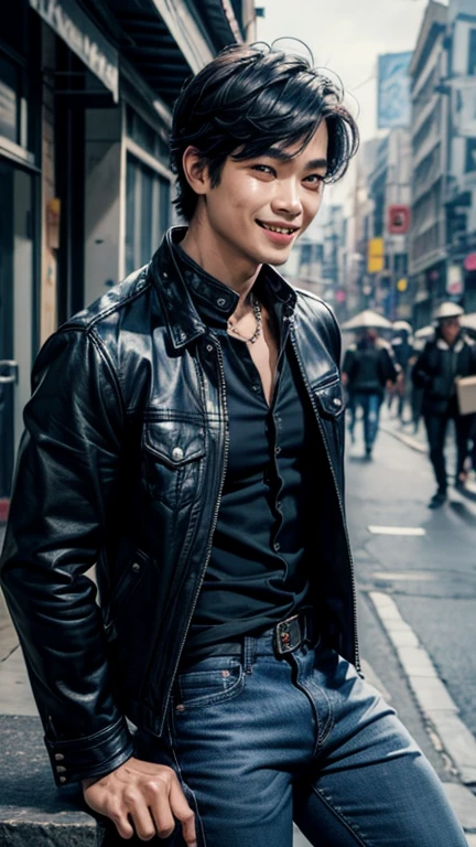 solo , 1man , thai man , black jeans jacket , blue shirt with collar , blue Long pants , smile