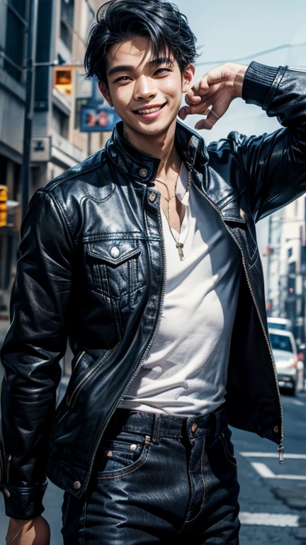 solo , 1man , thai man , black jeans jacket , blue shirt with collar , blue Long pants , smile