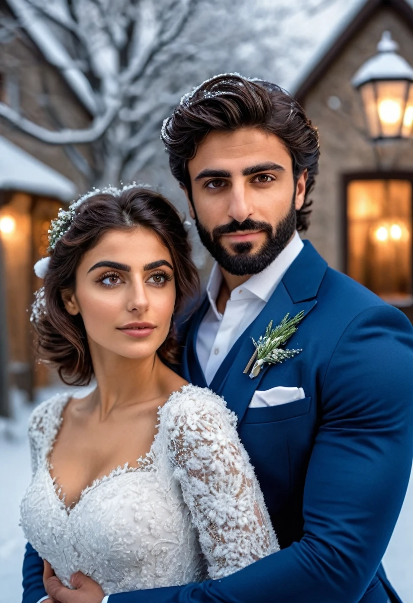 (fullbody photo:2.0) of two spouses: (a 25-year-old iranian woman, brown skin, triangular shaped face, brown eyes, long wavy hair, dark brown hair, busty, wearing a white winter wedding dress), embracing (a 28-year-old iranian man, brown skin, jawline, square jaw, short full beard, brown eyes, short hair, dark brown hair, muscular, fit body, wearing a blue groom suit), in an enchanted snowy garden, winter, (8k, photorealistic, RAW photo, best quality:1.4),