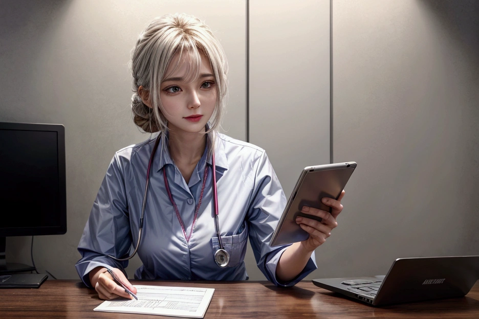 This scene consists of one character,
A nurse at the nurse&#39;s station recording the condition of the patients she saw today,
He is sitting at his desk and entering information into a computer,
(White:1.2),
(Tablet),display,keyboard,mouse,
Name tag,batch,clock,(A clipboard and some documents),drink,
kind,A smile that doesn&#39;t cause anxiety,
