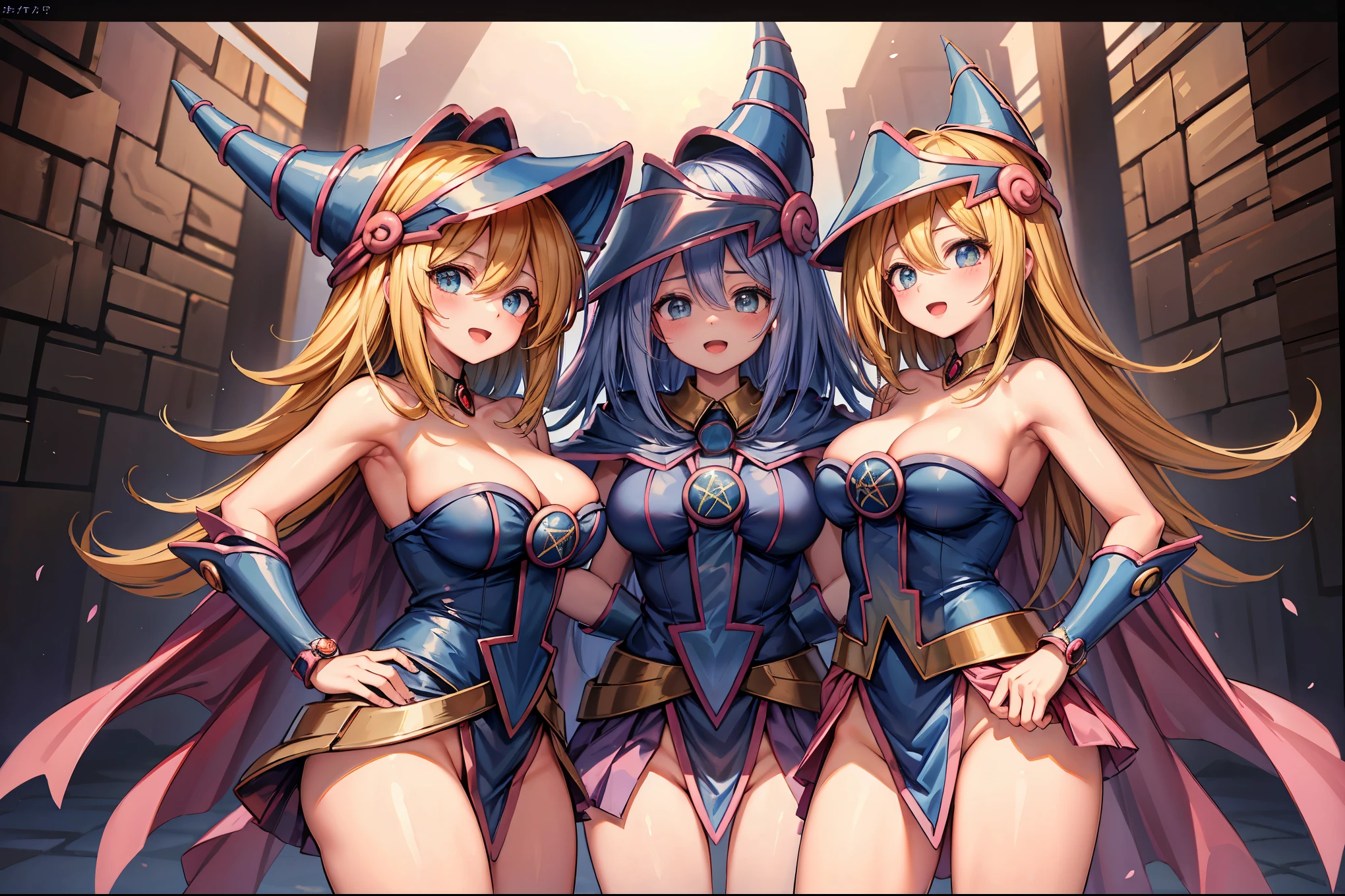 Very detailed、Highest quality、Best image quality、masterpiece、8k、Open mouth smiling、(Big eyes)、(Puffy eyes)、(SFW Huge Body)、Cowboy Shot、(Four Dark Magician Girls standing side by side)、multiple girls