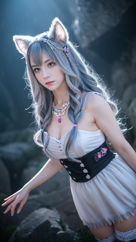 (masterpiece, best quality:1.2),1girl, upper body,tail, large tail, white hair, very long hair, wavy hair, grey eyes, detailed eyes, multicolored hair, circlet, bead necklace, animal ears, leopard ears, black cape, white dress, hip vent, pelvic curtain, grey thighhighs, snowy, snowy mountains, blizzard, volumetric lighting, subsurface scattering, cinematic lighting, chiaroscuro, floating hair, hand on own chest