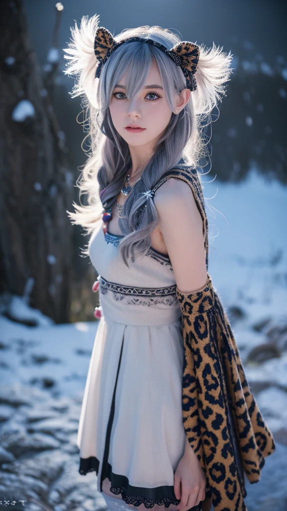 (masterpiece, best quality:1.2),1girl, upper body,tail, large tail, white hair, very long hair, wavy hair, grey eyes, detailed eyes, multicolored hair, circlet, bead necklace, animal ears, leopard ears, black cape, white dress, hip vent, pelvic curtain, grey thighhighs, snowy, snowy mountains, blizzard, volumetric lighting, subsurface scattering, cinematic lighting, chiaroscuro, floating hair, hand on own chest