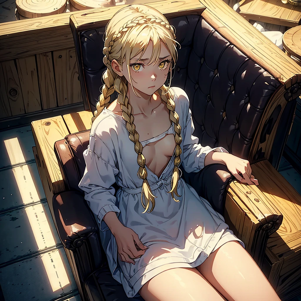 A woman, 20 years, by the wide, by white, honey yellow eyes, small braids in her hair, chest a little big, beautiful body, fearful eyes, shy facial and body expressions, sloppy clothes, full body, sitting in an armchair, view from above