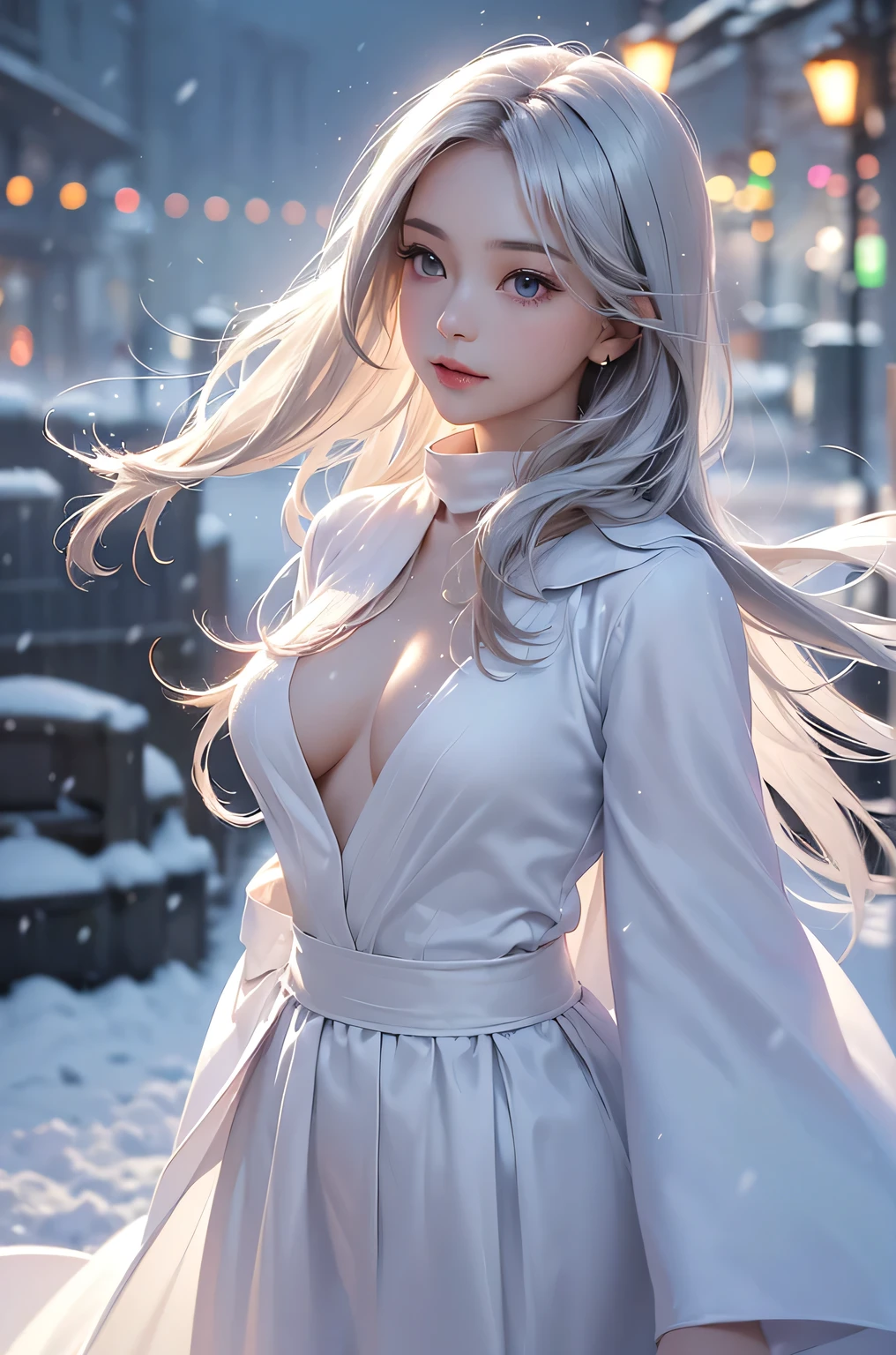 ((masterpiece:1.5、8k、Portraiture、Photorealistic and very detailed CG、Very detailed、Particle Effects、Dynamic Effects、Shallow depth of field、Cinematic Light、Lens flare、Ray Tracing、Tabletop、Realistic:1.4、Ultra-high resolution:1.2、Realistic、Realistic))((alone、Woman wearing a cashmere coat:1.4、Elegant woman posing、Detailed face、brightexpression、young, bright, Whiter skin、Ample breasts、Best Looks、Ultimate beauty、Shiny silver hair with highlights、bright and shiny hair,、Super long, Silky straight hair、Hair dancing in the wind))(morning、The setting is outdoors in the snow、Surrounded by illuminations)
