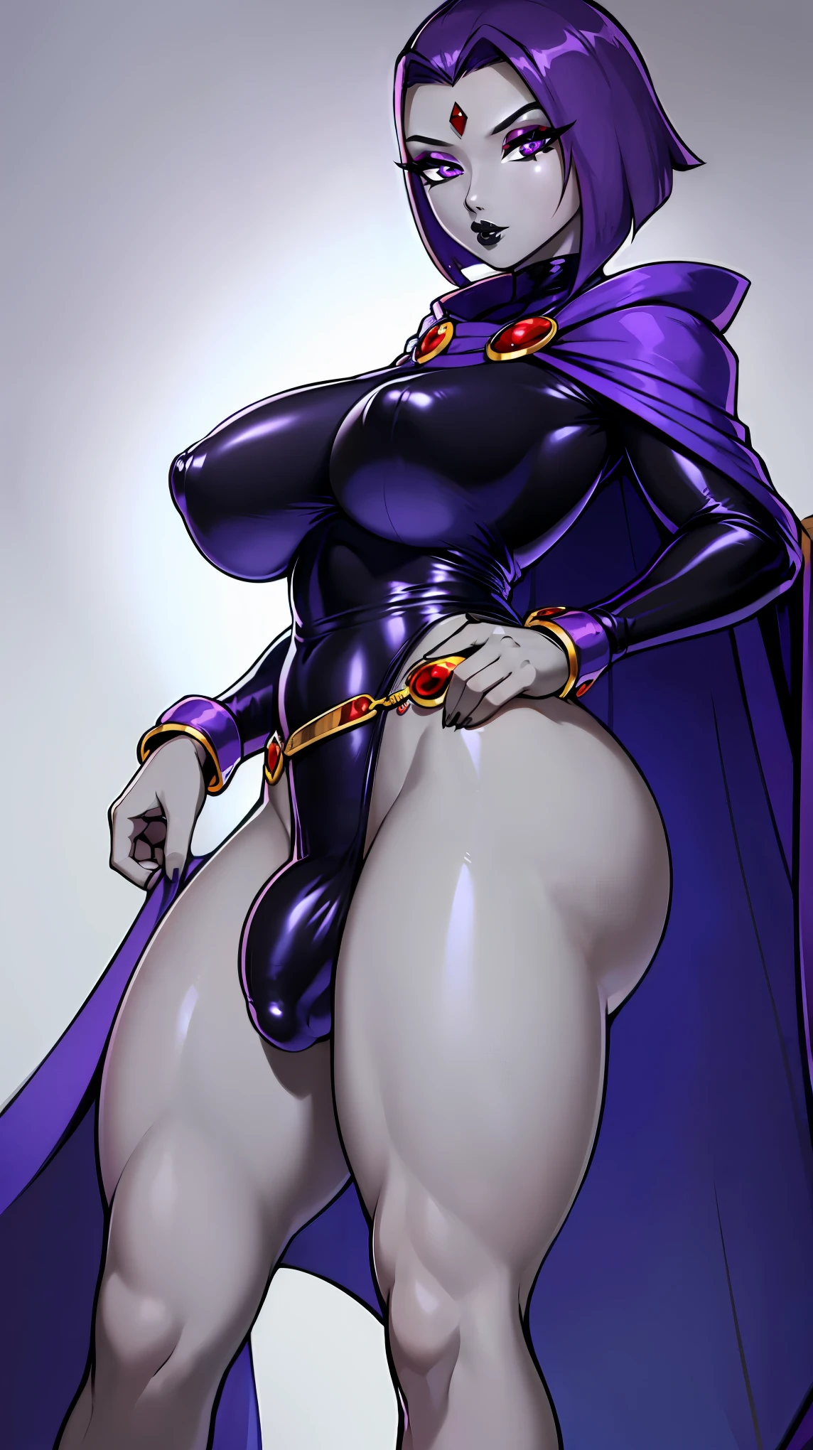 (solo:1.1),(masterpiece), (best quality:1.3), ultra detailed, intricate, professional art, digital art, absurdres, shadraven, (Full body view:1.1), 1girl, solo, (grey skin:1.4), dark purple hair, bob hair, dark purple eyes, hips wider than shoulders, pear shaped body, jewellery, detailed thighs, thick thighs, red jewel in forehead, jewels, (long sleeved turtleneck leotard:1.3), cuffs, small breasts, nipple bulge, (shadraven long cloak), (Shadraven broach:1.2), Shadraven jewel belt, Shadraven wearing a long sleeved leotard, long legs, ( long crotch bulge:1.4), large penis, large testicles, side view, looking at viewer, bubble butt , gluteal crease, universal lighting,