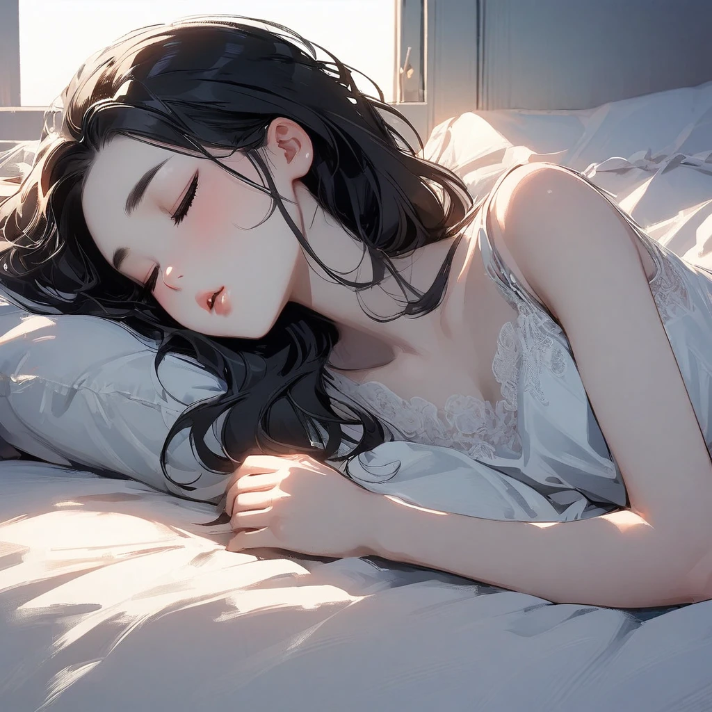 Girl, beautiful, sleeping, warm light, morning, window, black hair, pale skin, delicate, feminine, asleep, pouty lips, lipgloss, cute, white bed, slim, flat, pure