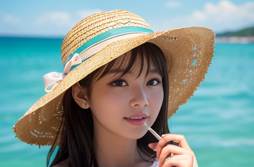 Highest quality,4K,Cowboy Shot:1.5,(Beautiful woman、Straw hat,Cute eyes:1.5),A shortcake is placed on top of the soft serve ice cream.、A girl holding a large soft serve ice cream、port、Eat soft serve ice cream while gazing at the sea、(Emerald Green Sea,Sun reflection,The water surface is sparkling:1.5,)Very beautiful scenery,Seagulls are flying,Cute girl、