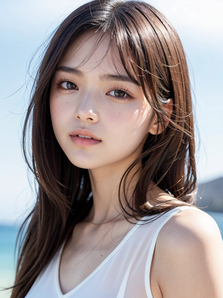18-year-old girl、independent、Look forward、Light eye makeup、Brown Hair Color、flat 、Hair blowing in the wind、Quality of actress、Shiny, Ultra-realistic faces、smileの表情、Watery eyes、look up、Soothing lighting effects、 Ultra-Realistic Capture、Very detailed、High resolution 16K human skin closeup。Skin texture must be natural、Must be so detailed that pores are visible、skin is healthy、Must be of uniform tone、Use natural light and colour、High quality photos taken by modeling agencies'Exclusive photographer、smile、high school student、Wearing uniform、School classroom