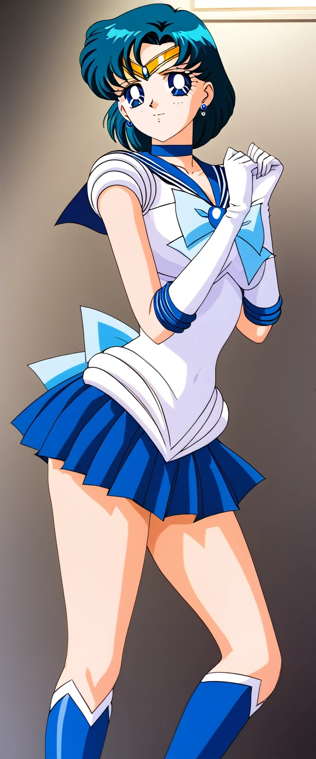 (Perfect Anatomy)、Mastepiece、Ultra High Quality、 8k、masterpiece、Highest quality、Ultra-high resolution、Maximum resolution、Very detailed、Professional Lighting、anime、woman、thin、Very beautiful face、Very beautiful eyes、(Highly detailed eye)、Highly detailed face、Sailor Mercury、tiara、Sailor Warrior Uniform、Blue Skirt、Blue sailor collar、Knee Boots、choker、White gloves、blue choker、jewelry、Earrings、White leotard、Pleated skirt, gloves