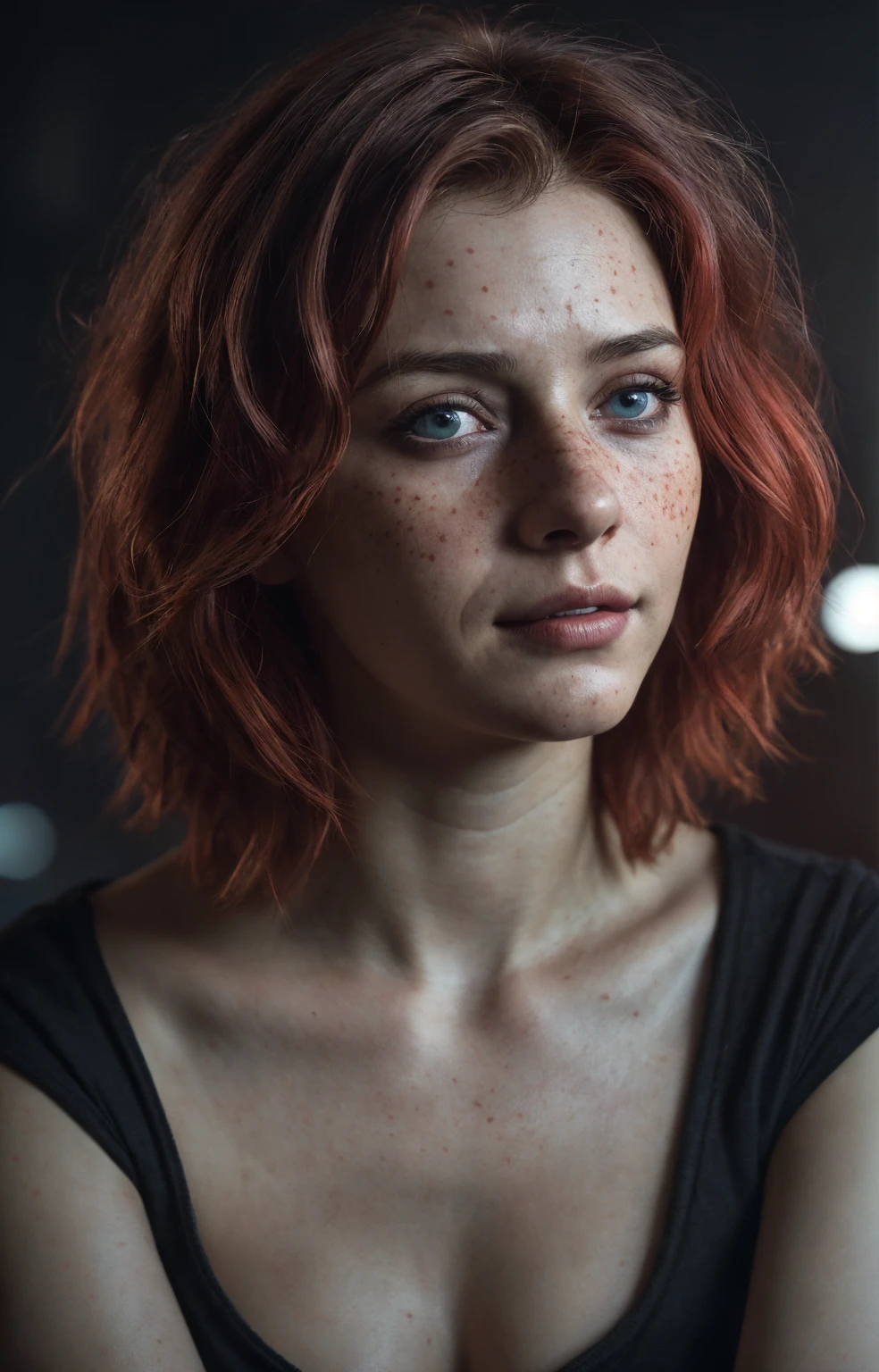 (Close-up, editorial photograph of a 21 year old woman), (highly detailed face:1.4) (smile:0.7) (background inside dark, moody, private study:1.3) POV, by lee jeffries, nikon d850, film stock photograph ,4 kodak portra 400 ,camera f1.6 lens ,rich colors, hyper realistic ,lifelike texture, dramatic lighting , cinestill 800, wavy hair, messy hair, short hair, commander Shepard haircut, Mischievous smirk, Red hair, Blue Eyes, freckles, White Skin, black shirt, Sci Fi, Cyberpunk, Futurism, Mass Effect, Astral Plane, European expressions, European woman, European skin