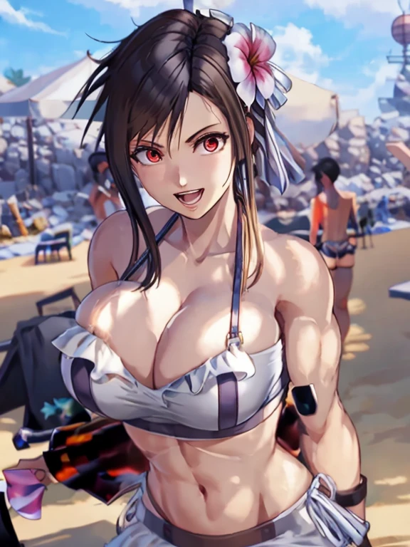 ((Best quality)), ((Masterpiece)), (detailed), masterpiece, best quality, 1girl, Tifa Lockhart, final fantasy, cowboy shot, tifa_sunshine, bikini, black hair, red eyes, sidelocks, swimsuit, frilled bikini, hair ornament, side-tie bikini bottom, bare shoulders, solo, breasts, hair flower, flower, cleavage, navel, large breasts, athletic figure, strong muscles, open mouth, teeth, thrilled expression, very excited, high resolution, (ultra-detailed), (best illustration), (best shadow), (absurdres), (perfect hands, perfect anatomy), (4k textures), epic artistic, sharp focus, even lighting, insane details, intricate details, hyperdetailed, rich colors,