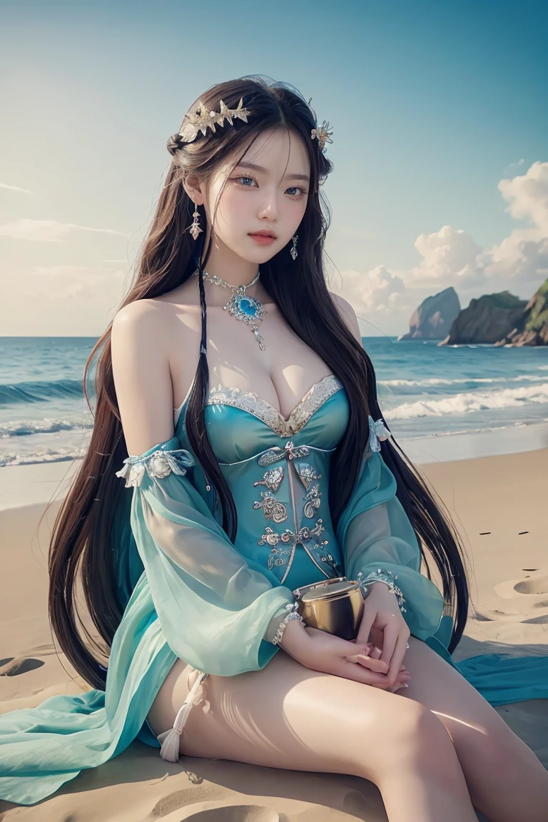 A woman sitting on the beach，Holding a clock in hand, Queen of the Sea Mu Yanling, Beautiful digital artwork, 4k highly detailed digital art, Beautiful fantasy queen, 8k high quality detailed art, Fantasy Beauty, author：Yang J, Beautiful and gorgeous digital art, Gu Weiss, artwork in the style of Gu Weiss, Beautiful fantasy art, Chinese Fantasy