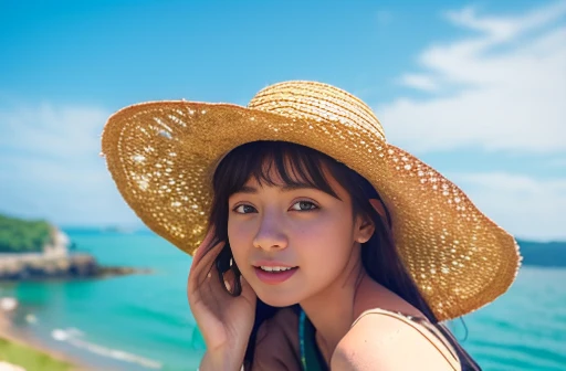 Highest quality,4K,Cowboy Shot:1.5,(Beautiful woman、Straw hat,Cute eyes:1.5),A shortcake is placed on top of the soft serve ice cream.、A girl holding a large soft serve ice cream、port、Eat soft serve ice cream while gazing at the sea、(Emerald Green Sea,Sun reflection,The water surface is sparkling:1.5,)Very beautiful scenery,Seagulls are flying,Cute girl、
