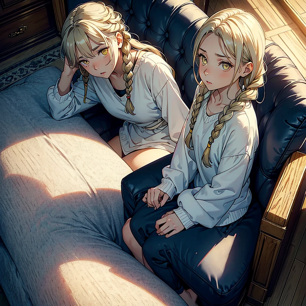 A woman, 20 years, by the wide, by white, honey yellow eyes, small braids in her hair, chest a little big, beautiful body, fearful eyes, shy facial and body expressions, sloppy clothes, full body, sitting in an armchair, view from above