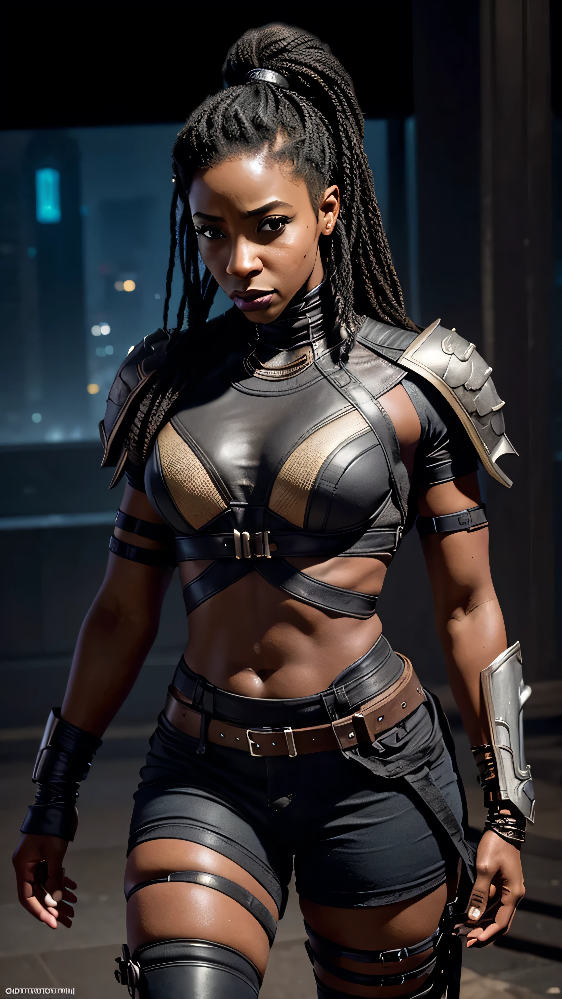 (Teyonah Parris) as Jacqui Briggs from Mortal Kombat, black hair rings, brown eyes, cyberpunk armor, cyberpunk guantlets, cyberpunk boots, standing, city, (insanely detailed, beautiful detailed face, masterpiece, best quality), cinematic lighting, 1woman, solo, full body view, front view, looking at viewer, intricate, high detail, sharp focus, dramatic, photorealistic painting art by greg rutkowski