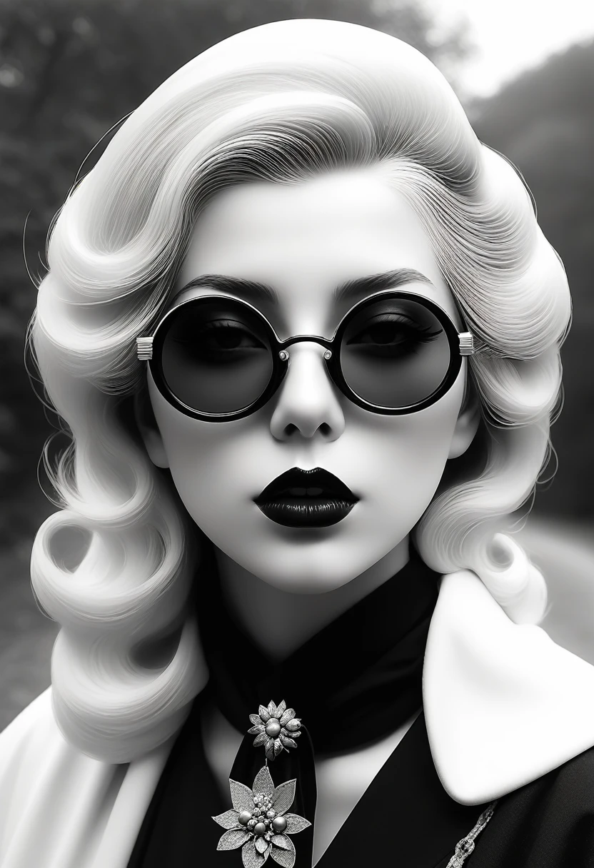 nonne de cinéma italienne, lunettes de soleil vintage japanes, visage de modèle cool, tenir une cigarette à la bouche, style gothique noir et blanc, Lady Gaga, Kaété Boucher, déconstructif, film/ vidéo, charme pastoral, anti-esthétique, composition bien recadrée, style pop déconstruit, Gustave Moreau, traits exagérés