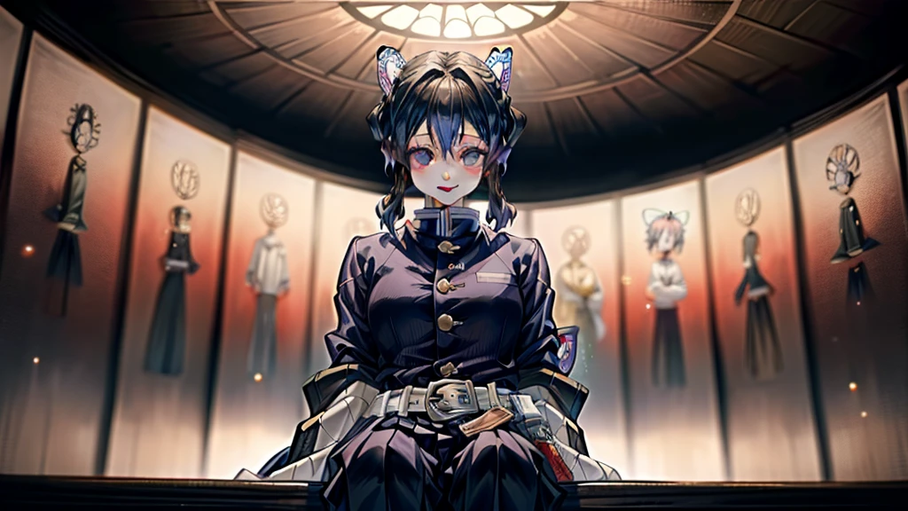 best quality, masterpiece, intricate detail, bokeh, ShinobuDB, demon slayer uniform, haori, japanese clothes, jacket, long sleeves, belt, black jacket, uniform, pants, belt buckle, buckle, portrait, expressionless, sit, smile,