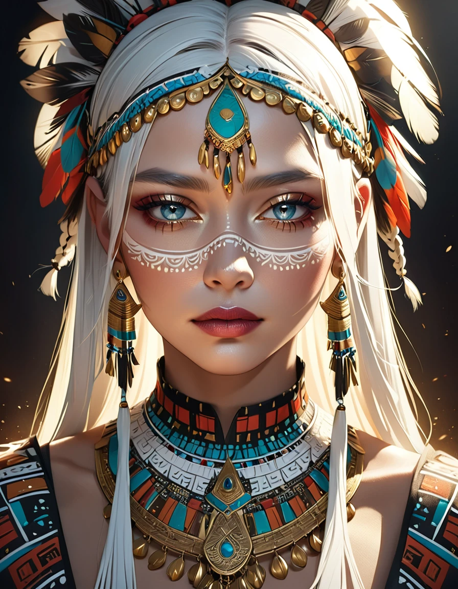 intricate detailed portrait of a beautiful long white braided hair tribal woman, extremely detailed face and features, beautiful eyes, elegant makeup, full lips, high cheekbones, busty, wearing ornate tribal jewelry and clothing, dramatic lighting, detailed skin texture, dramatic lighting, hyper realistic, award winning digital art, cinematic composition, masterpiece