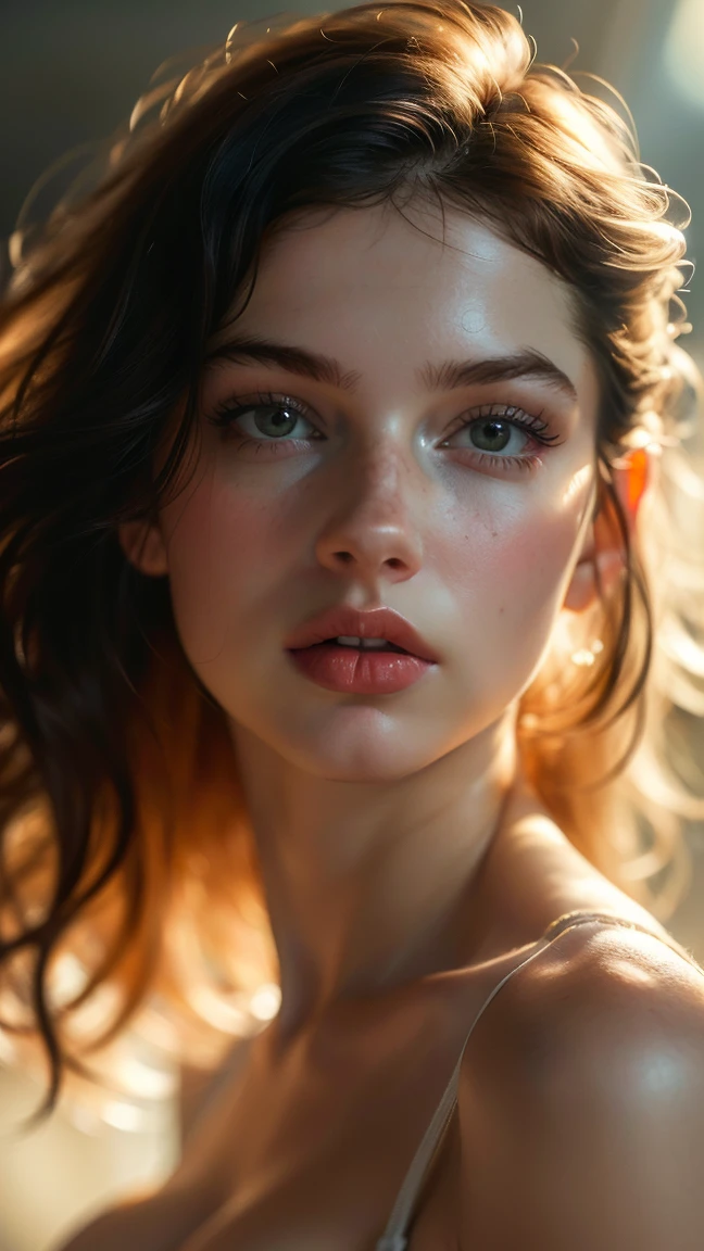 (((ultra realistic))) photoshot, work of art, Maximum quality, (Pale skin), (Rosto e olhos ultra detailds:1.3), 1 girl, on a t-shirt, (eye make up, mascara) , ((Detailed big lips)), (long drak wavy hair)), ((Chyolka)) , (natural breasts), Waist slender. ((posando)), photoshoot, studio (soft lighting), (The play of light and shadows), Depth of field, bokeh, (special attention to skin details: 1.2), Detailed leather texture, skin pore. (Airy frame atmosphere. Color range - delicate, Ablaze, offwhite, Tons rosa), dr, ((film grain)), ((lightning strikes)), ((sun glints)), ((Portrait from waist up, close to the camera)) , ultra detaild, professional