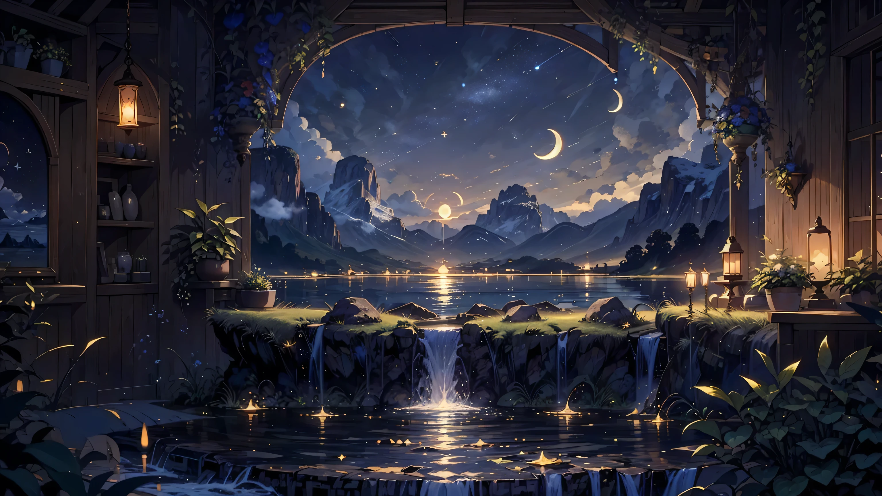 {{{Crescent Moon,Tabletop}}}, {{Highest quality, Ultra-fine illustrations, Beautiful and delicate water}}, {{Very delicate light}}, {{nature, Painting}}, {{Excellent lighting, A more transparent star, Quality Mountains々々々々々々々, Very beautiful 8K PCG wallpaper}}, (plateau), sunrise, Randomly distributed clouds, cliff, ((Rotating starry sky)), ((Lake of the mountain stream)), Glowing particles,Crescent Moon,Moonlit Night