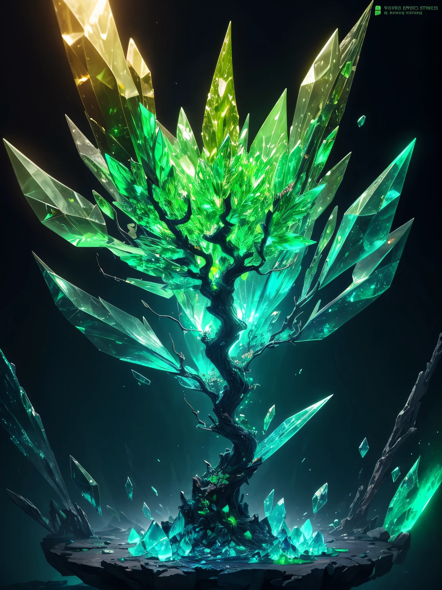 a green glowing tree with a leaf shaped like a tree, green crystal, glowing green crystals, full of glass. cgsociety, green aura, glowing green, elemental guardian of life, intricate a whole fantasy leaf, 🌺 cgsociety, emerald artifacts, by Stefan Lochner, trendin on artstation, rendered art, green glows, made of crystalized synapse