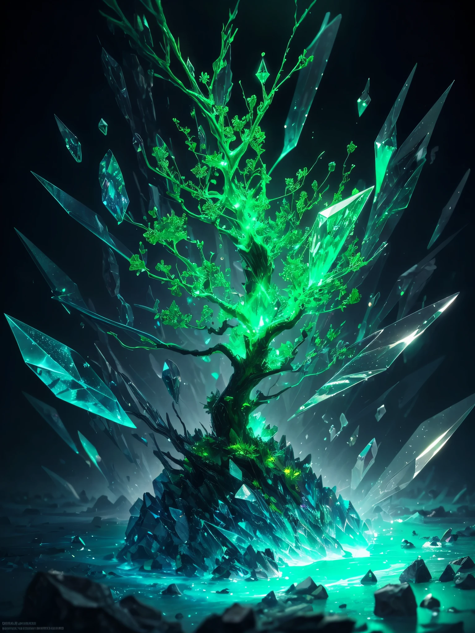 a green glowing tree with a leaf shaped like a tree, green crystal, glowing green crystals, full of glass. cgsociety, green aura, glowing green, elemental guardian of life, intricate a whole fantasy leaf, 🌺 cgsociety, emerald artifacts, by Stefan Lochner, trendin on artstation, rendered art, green glows, made of crystalized synapse
