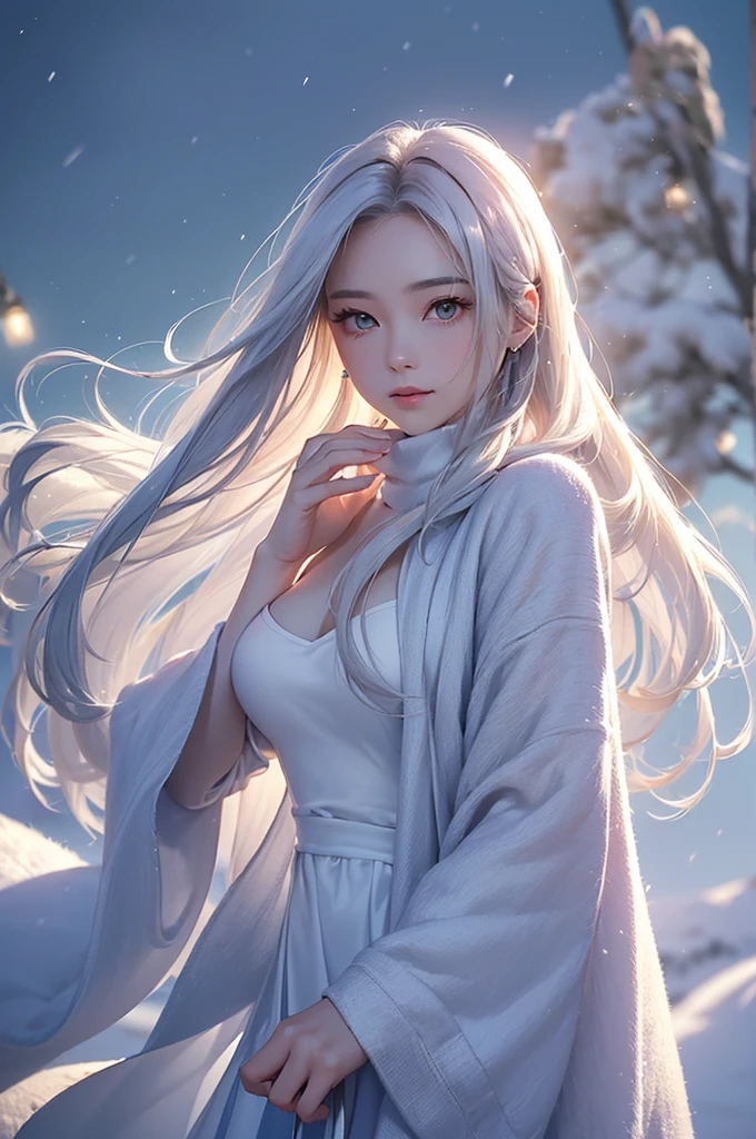 ((masterpiece:1.5、8k、Portraiture、フォトリアリスティックでVery detailedなCG、Very detailed、Particle Effects、Dynamic Effects、Shallow depth of field、Cinematic Light、Lens flare、Ray Tracing、Tabletop、Realistic:1.4、Ultra-high resolution:1.2、Realistic、Realistic))((alone、Woman wearing a cashmere coat:1.4、Elegant woman posing、Detailed face、bright表情、young, bright, Whiter skin、Ample breasts、Best Looks、Ultimate beauty、Shiny silver hair with highlights、bright and shiny hair,、Super long, Silky straight hair、Hair dancing in the wind))(morning、The setting is outdoors in the snow、Surrounded by illuminations)
