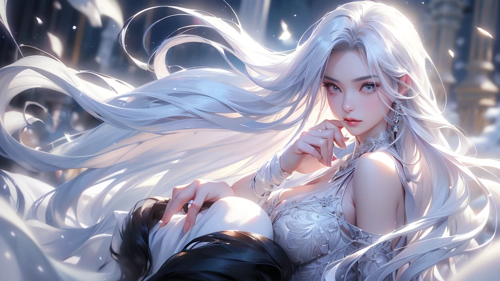 ((Above the knees image:1.5、Zoom out))((masterpiece:1.5、8k、Tabletop、フォトリアリスティックでVery detailedなCG、Very detailed、Particle Effects、Dynamic Effects、Shallow depth of field、Cinematic Light、Lens flare、Ray Tracing、Tabletop、Realistic:1.4、Ultra-high resolution:1.2、Realistic、Realistic))((alone, 1 girl、A woman wearing a black cashmere coat over an off-the-shoulder dress:1.4、Elegant woman posing、Detailed face、bright表情、young, bright, Whiter skin、Medium chest、Beautiful cleavage、Small waist、Best Looks、Asian、Ultimate beauty、bright and shiny hair,、Super long, Silky straight hair、Hair dancing in the wind))(morning、The setting is a snow-covered temple、Crystal of snow)((shiny white hair))
