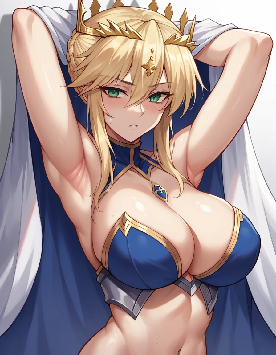 1 girl, Artoria Pendragon lancer (fate grand order), big breast, bare shoulders, arms up, armpits, looking at viewers