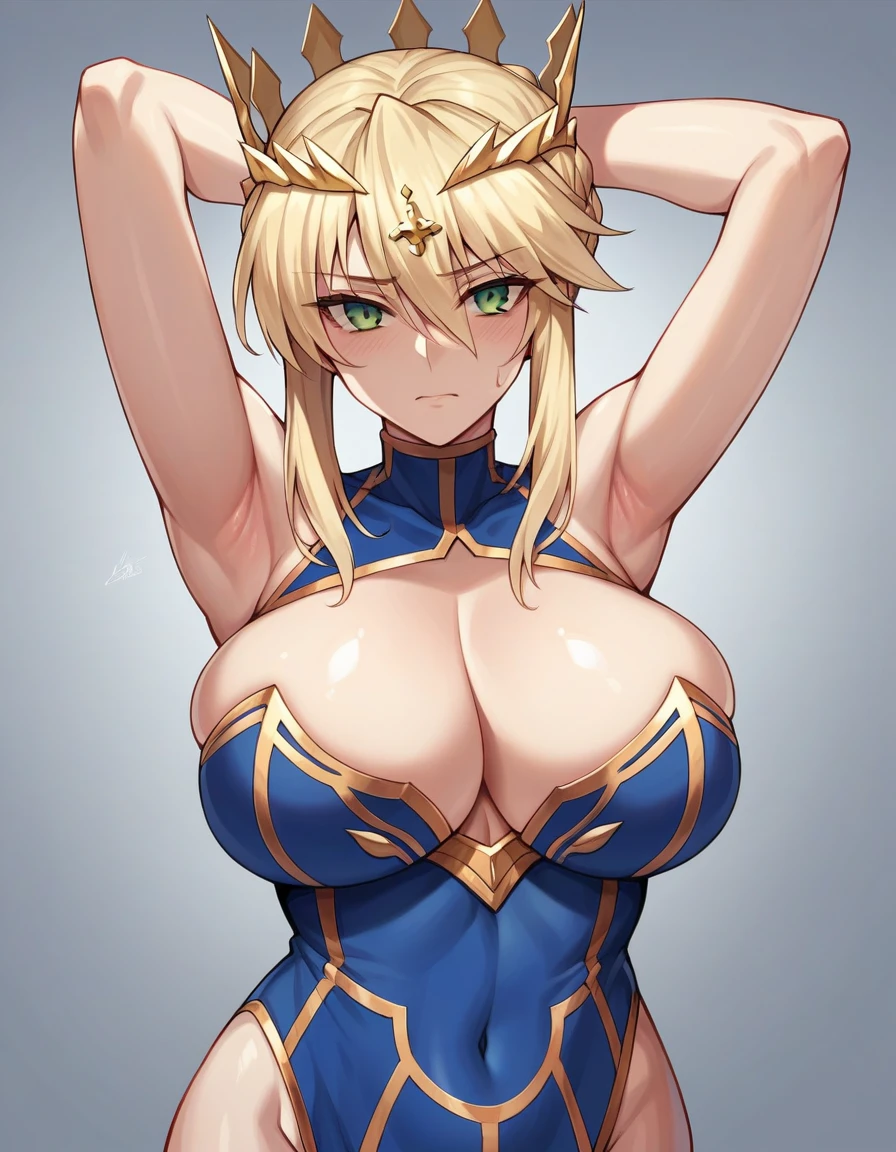 1 girl, Artoria Pendragon lancer (fate grand order), big breast, bare shoulders, arms up, armpits, looking at viewers