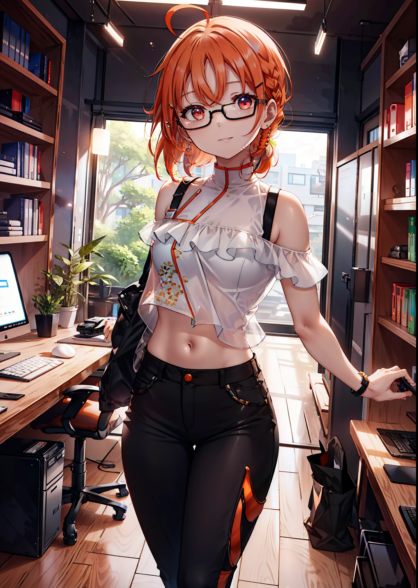 Takahai Chige,Orange Hair,Red eyes,smile,Long Hair,Ahoge,Cold Shoulder Shirt,Short sleeve,skinny pants,Stiletto heels,Black-rimmed glasses,interior,There is a computer on the table,Walking,whole bodyがイラストに入るように,Daytime,Clear skies,　　　　 　　　　　　　　　　　　break indoors, office, 　　　　　　　　　　　break looking at viewer, whole body, (Cowboy Shot:1. 5)　　　　　　　　　　　　　　　　　　break (masterpiece:1.2), Highest quality, High resolution, unity 8k wallpaper, (shape:0.8), (Beautiful attention to detail:1.6), Highly detailed face, Perfect lighting, Extremely detailed CG, (Perfect hands, Perfect Anatomy),