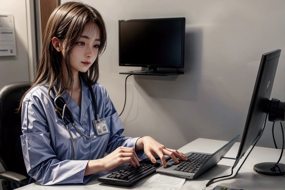 This scene consists of one character,
A nurse at the nurse&#39;s station recording the condition of the patients she saw today,
He is sitting at his desk and entering information into a computer,
(White:1.2),
(Tablet),display,keyboard,mouse,
Name tag,batch,clock,(A clipboard and some documents),drink,
kind,A smile that doesn&#39;t cause anxiety,
