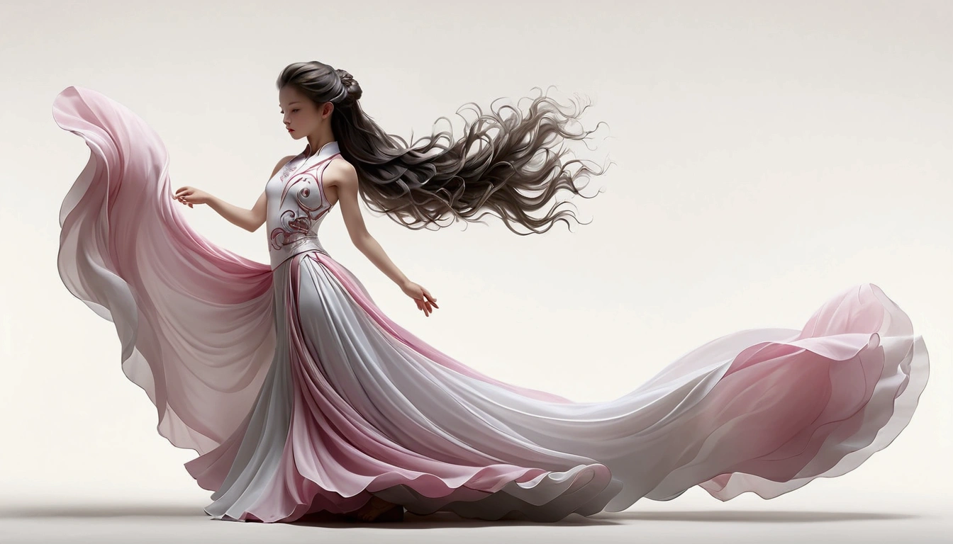 Dance photography;A dancer,Solitary;A little girl in a gorgeous long dress,Chinese-style skirt,Pink and white gradient,Conservative style,Smudged skirt hem;The movements of the dance;elegant,Flexible skirt;Long hair,Long hair披肩。Full body view,front; Simple style;Minimalism。White background,Pure white background;Panoramic photography;Depth of Field, Extraordinary details, masterpiece, high quality, 4K,cinematic lighting, motion blur, depth of field, sparkle, ray tracing, reflection light, anatomically correct, uhd, textured skin, best quality, super detail, highres, high details, accurate, high quality, award winning