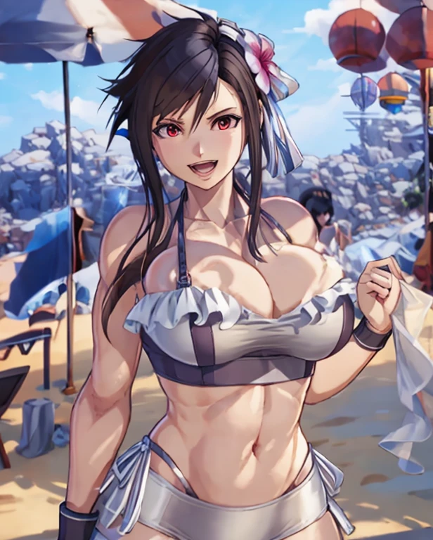 ((Best quality)), ((Masterpiece)), (detailed), masterpiece, best quality, 1girl, Tifa Lockhart, final fantasy, cowboy shot, tifa_sunshine, bikini, black hair, red eyes, sidelocks, swimsuit, frilled bikini, hair ornament, side-tie bikini bottom, bare shoulders, solo, breasts, hair flower, flower, cleavage, navel, large breasts, athletic figure, strong muscles, open mouth, teeth, thrilled expression, very excited, high resolution, (ultra-detailed), (best illustration), (best shadow), (absurdres), (perfect hands, perfect anatomy), (4k textures), epic artistic, sharp focus, even lighting, insane details, intricate details, hyperdetailed, rich colors,
