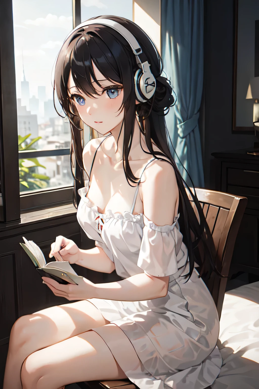 ((best quality)), ((masterpiece)), (detailed), 1girl, sexly,Summer afternoon、A beautiful girl is wearing an off-shoulder dress by the window at home、I listen to music while reading a novel。Outside, the thunder rumbles、She plays the sound as background music.、Quietly turn the pages。Soft natural light pours in through the window、It gently illuminates her hair and dress.。A gentle melody flows through the room、Her expression is calm and composed。