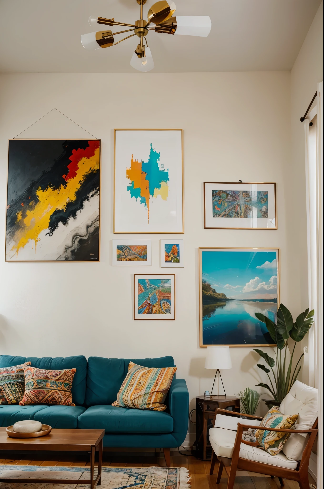 A living room with a gallery wall featuring a mix of colorful boho art prints and abstract designs.