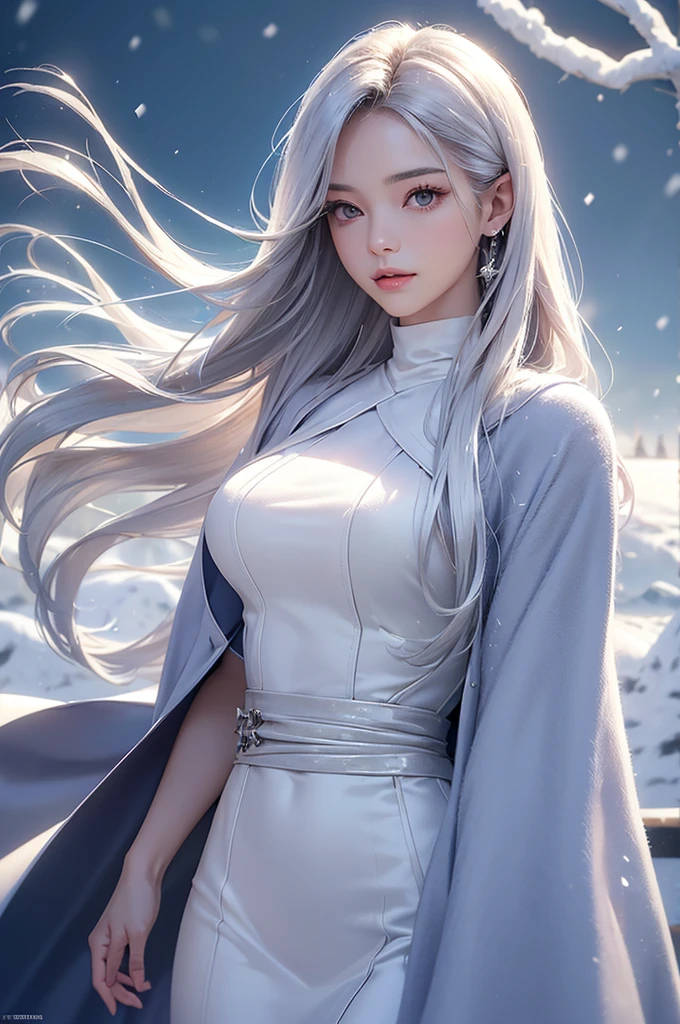 ((masterpiece:1.5、8k、Portraiture、フォトリアリスティックでVery detailedなCG、Very detailed、Particle Effects、Dynamic Effects、Shallow depth of field、Cinematic Light、Lens flare、Ray Tracing、Tabletop、Realistic:1.4、Ultra-high resolution:1.2、Realistic、Realistic))((alone、Woman wearing a cashmere coat:1.4、Elegant woman posing、Detailed face、bright表情、young, bright, Whiter skin、Ample breasts、Best Looks、Ultimate beauty、Shiny silver hair with highlights、bright and shiny hair,、Super long, Silky straight hair、Hair dancing in the wind))(morning、The setting is outdoors in the snow、Surrounded by illuminations)