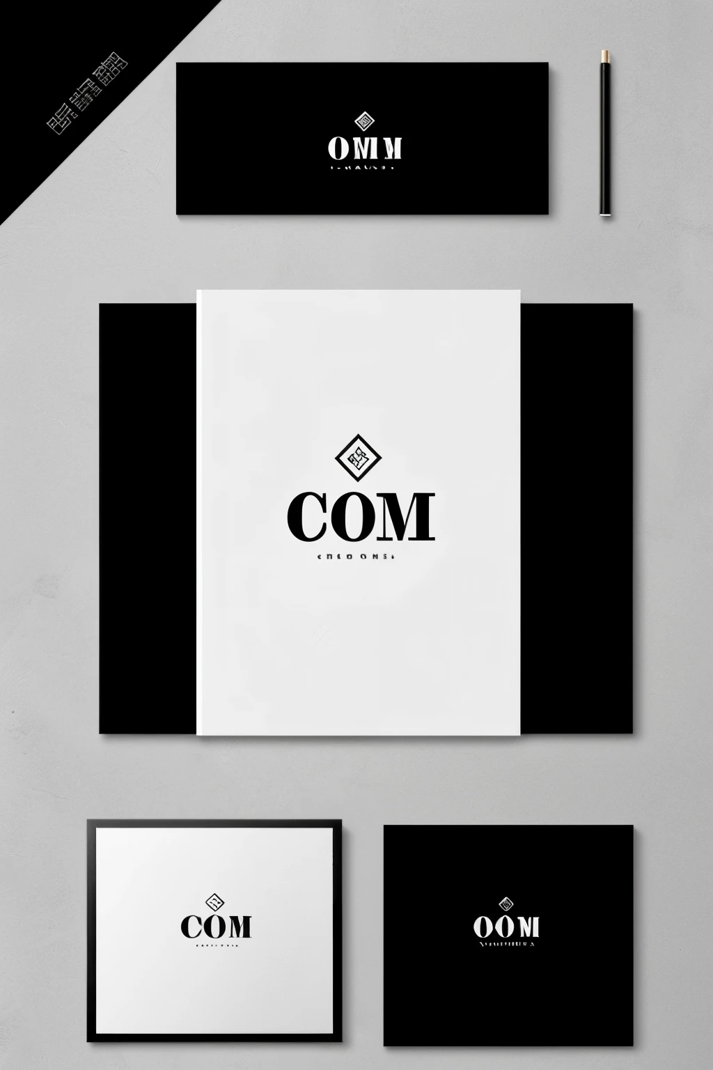 Create a brand logo，The logo design includes the three letters OCM and the graphic itself.，Black and white series，Simple and high-end，Luxury，Strong sense of design，Strong sense of composition，Applicable cultural and creative、books、artwork、Vacation and other fields。