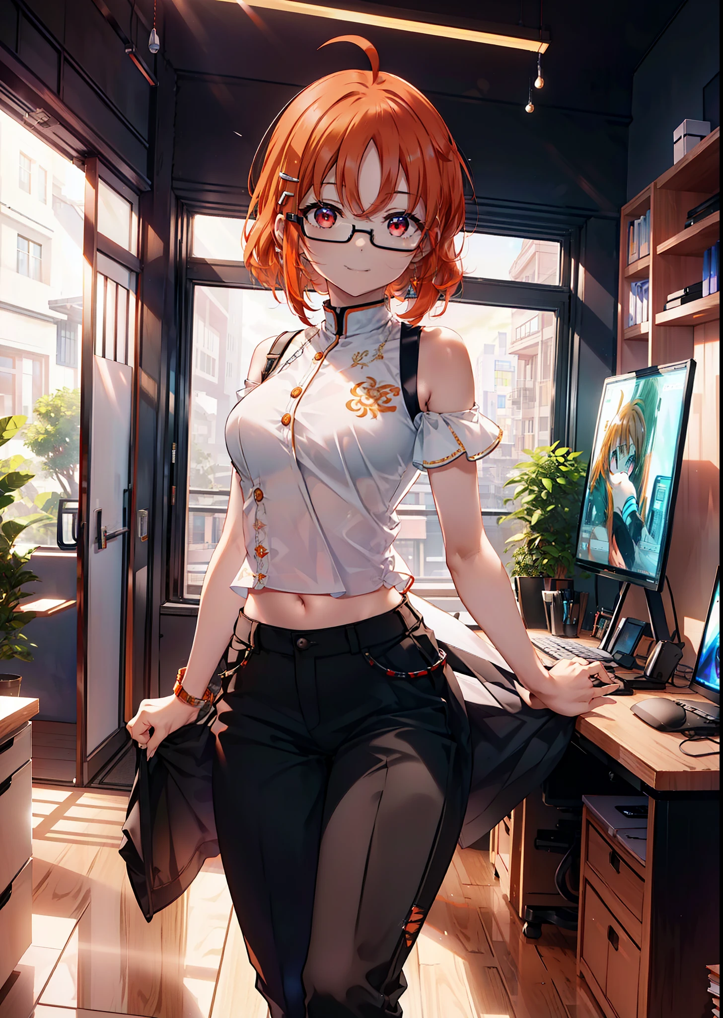 Takahai Chige,Orange Hair,Red eyes,smile,Long Hair,Ahoge,Cold Shoulder Shirt,Short sleeve,skinny pants,Stiletto heels,Black-rimmed glasses,interior,There is a computer on the table,Walking,whole bodyがイラストに入るように,Daytime,Clear skies, break indoors, office, break looking at viewer, whole body, (Cowboy Shot:1. 5) break (masterpiece:1.2), Highest quality, High resolution, unity 8k wallpaper, (shape:0.8), (Beautiful attention to detail:1.6), Highly detailed face, Perfect lighting, Extremely detailed CG, (Perfect hands, Perfect Anatomy),