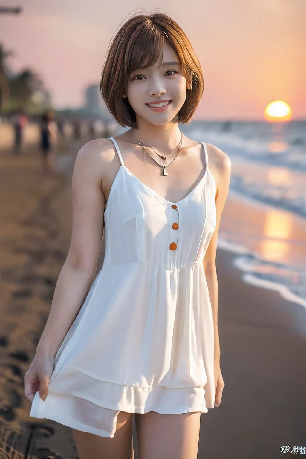 (Standing on the beach with my boyfriend, watching the sunset:1.5)、(A kind smile:1.5)、(18-year-old female:1.5)、(The best quality at its best:1.4), (Super detailed), (Very detailed CG unified 16k), Beautiful woman with perfect figure: 1.4, Sharp focus: 1.2, Very detailed, High-quality RAW color photos, Professional photography, Great face and eyes, cosmetics, (Amazingly beautiful girl), ((Cute white dress:1.5)), Realistic movie faces, Full body long view from head to toe, Realistic, ((Realistic natural orange red hairstyle)), ( Short Bob Hair:1.5), (necklace:1.5)、, Very beautiful face, Perfect model beauty, Mouth swelling, Highly detailed face and skin texture, Fine grain, double eyelid, Medium chest, (masterpiece), Highest quality, High resolution, Very detailed, Blurred Background, Depth of written boundary, Cinema Lighting, Great legs, , Clear, well-maintained skin,((Full body shot from head to toe:1.5))