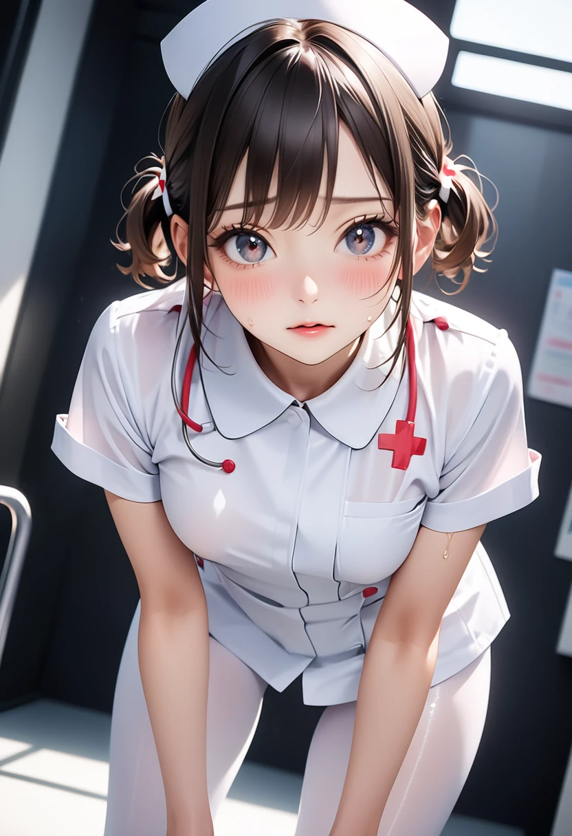 (((nurse uniform), (white pantyhose), (Shiny Costumes))), skindentation, skinny, solo, 1 woman, Masterpiece, highest quality, highest quality, 16K, incredibly absurd, highly detailed, 2.5D, ai-generated, delicate and dynamic, very delicate facial expressions, delicate eye depiction, erotic, only sexy woman, ((A cute and kind face)), healthy figure, ((25-year-old woman)), 160cm tall, medium firm swaying bust, blush, Sweat,Embarrassed,sexy, ((thin thighs)), (camel toe:0.5), (visible nipples:0.2), (Erect nipples,:0.7), shiny and lustrous, facing straight at viewer, (((in heat))), ((Oily_skin)), ((dutch angle)), ((erotic pose)),