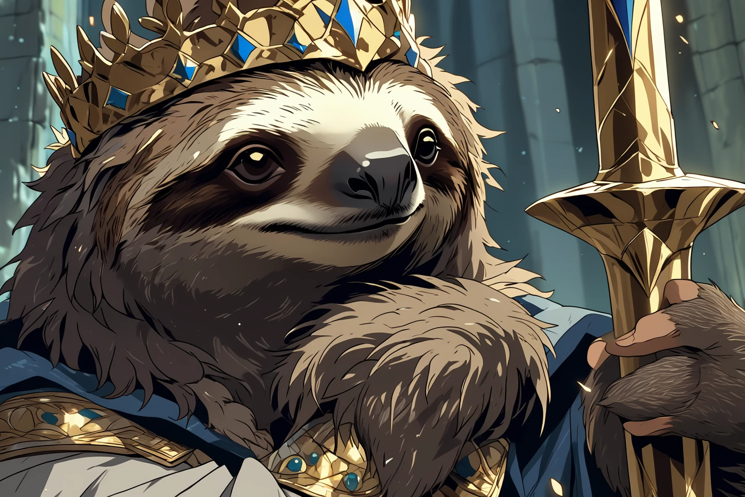 Closeup of a A sloth as King Arthur, wearing a crown, pulling Excalibur out of the stone. Eerie, unsettling, dark, spooky, suspenseful, grim, highly detailed