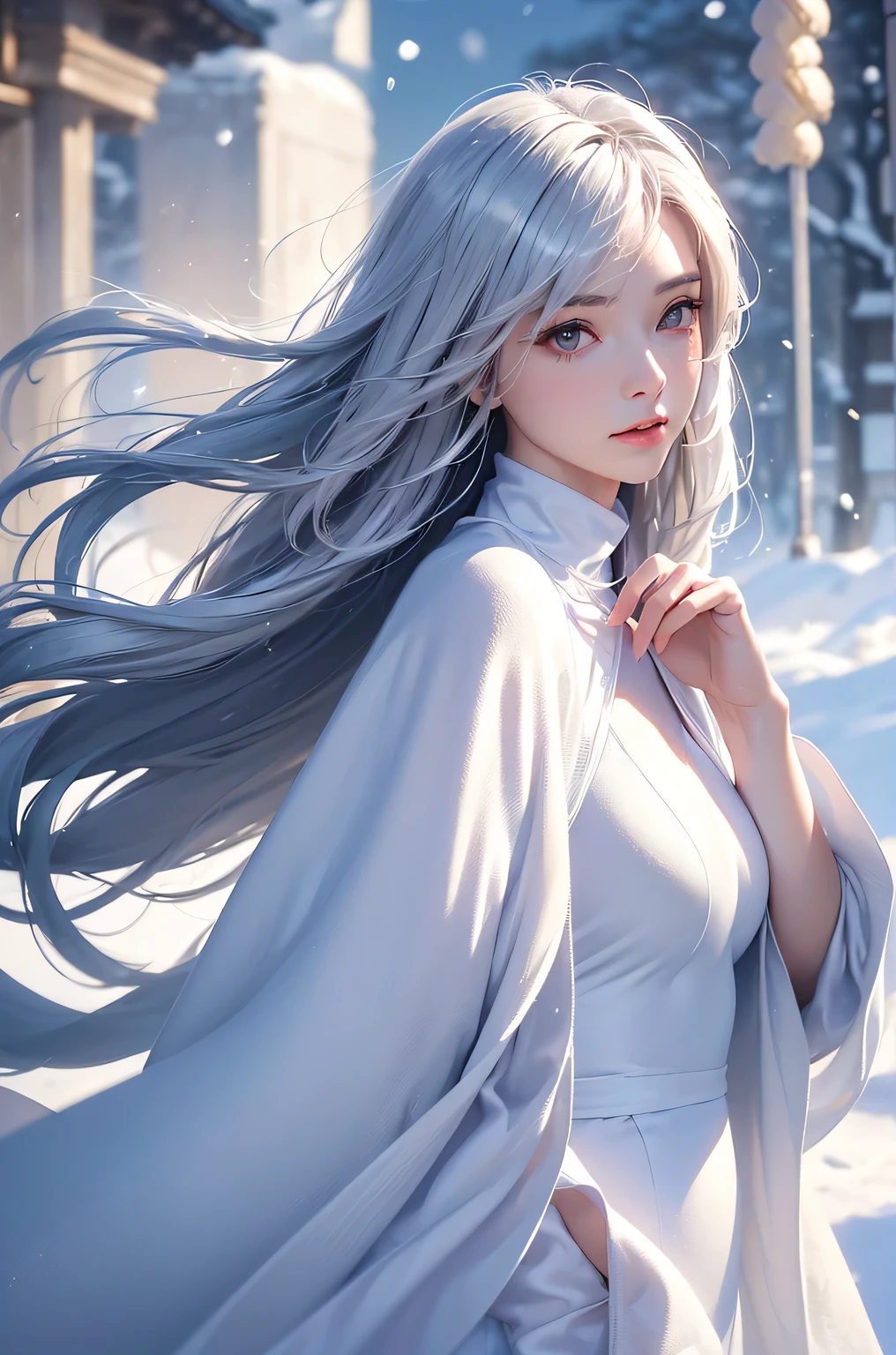((masterpiece:1.5、8k、Portraiture、Photorealistic and very detailed CG、Very detailed、Particle Effects、Dynamic Effects、Shallow depth of field、Cinematic Light、Lens flare、Ray Tracing、Tabletop、Realistic:1.4、Ultra-high resolution:1.2、Realistic、Realistic))((alone、Woman wearing a cashmere coat:1.4、Elegant woman posing、Detailed face、brightexpression、young, bright, Whiter skin、Ample breasts、Best Looks、Ultimate beauty、Shiny silver hair with highlights、bright and shiny hair,、Super long, Silky straight hair、Hair dancing in the wind))(morning、The setting is outdoors in the snow、Surrounded by illuminations)