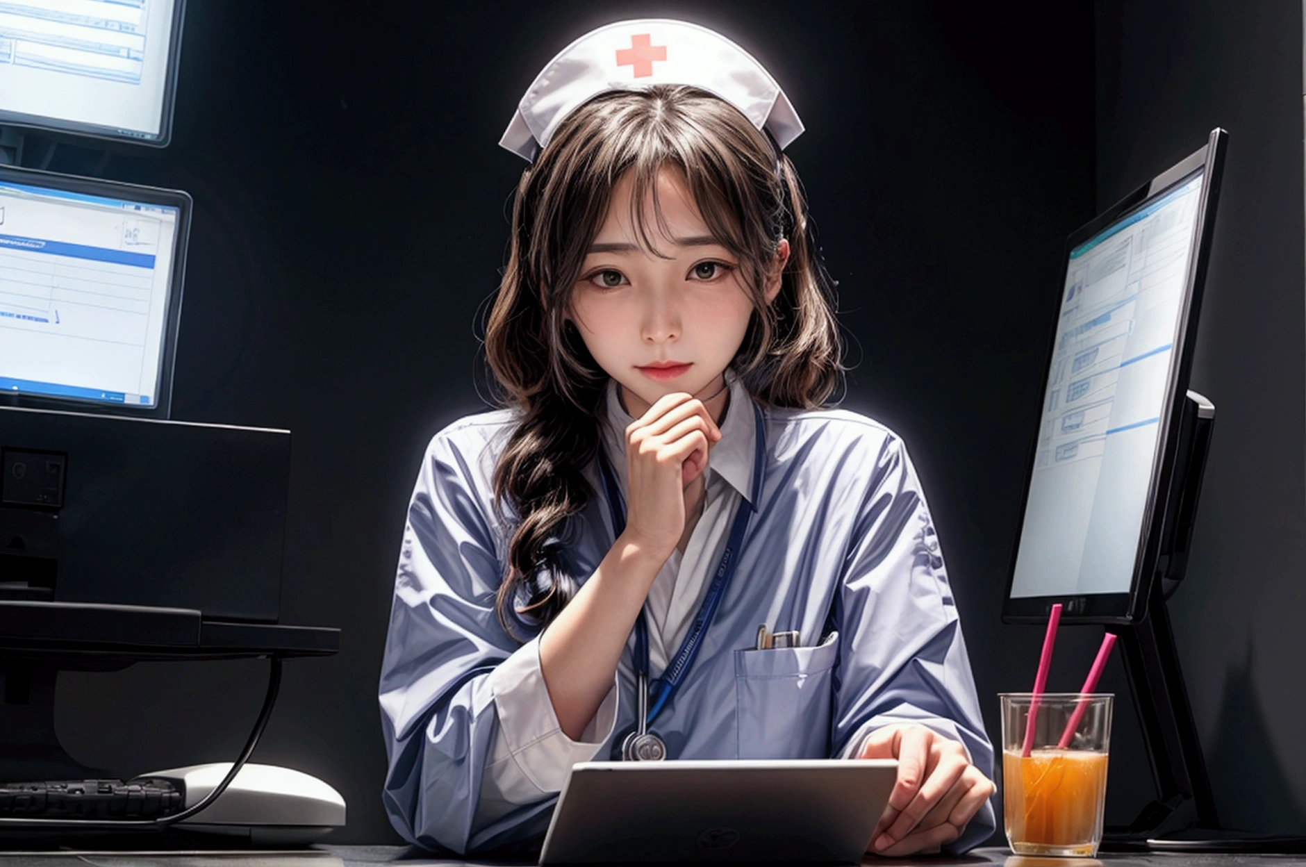 This scene consists of one character,
A nurse at the nurse's station recording the condition of the patients she saw today,
He is sitting at his desk and entering information into a computer,
(White:1.2),
(Tablet),display,keyboard,mouse,
Name tag,batch,clock,(A clipboard and some documents),drink,
kind,A smile that doesn't cause anxiety,