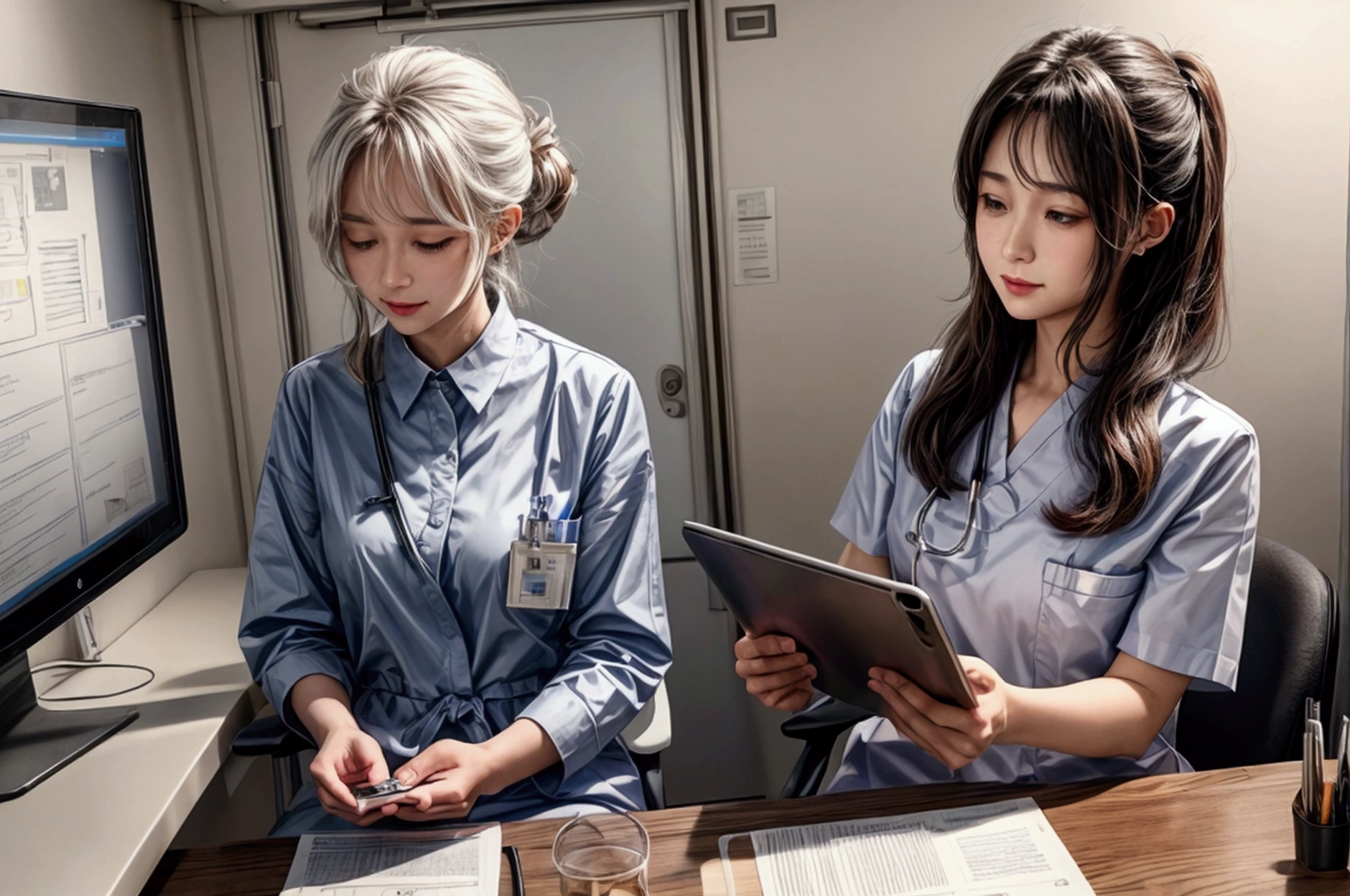 This scene consists of one character,
A nurse at the nurse&#39;s station recording the condition of the patients she saw today,
He is sitting at his desk and entering information into a computer,
(White:1.2),
(Tablet),display,keyboard,mouse,
Name tag,batch,clock,(A clipboard and some documents),drink,
kind,A smile that doesn&#39;t cause anxiety,
