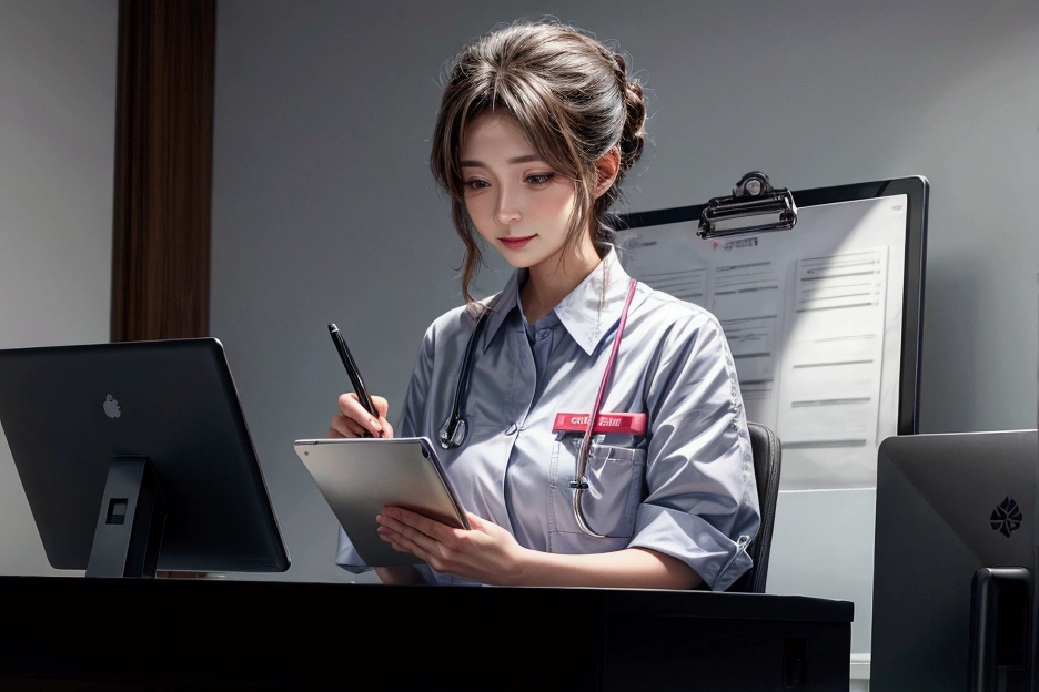 This scene consists of one character,
A nurse at the nurse&#39;s station recording the condition of the patients she saw today,
He is sitting at his desk and entering information into a computer,
(White:1.2),
(Tablet),display,keyboard,mouse,
Name tag,batch,clock,(A clipboard and some documents),drink,
kind,A smile that doesn&#39;t cause anxiety,
