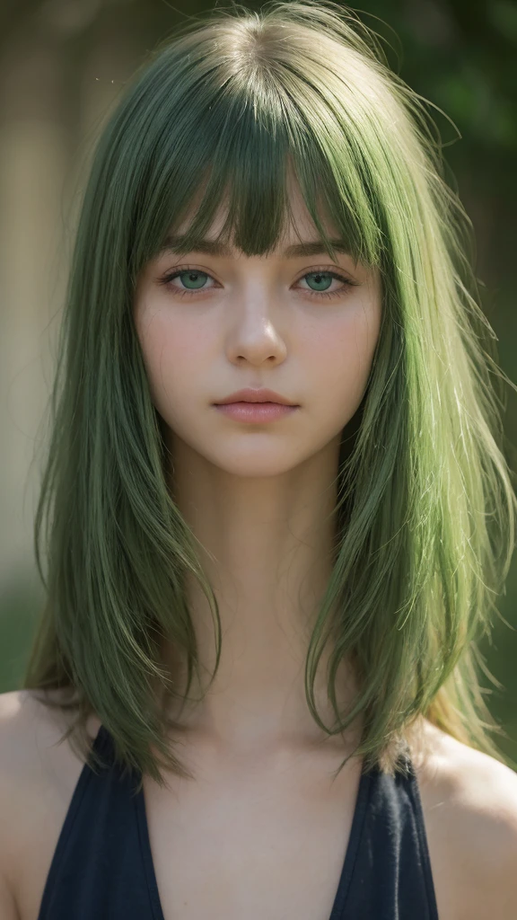 a girl. Europe. Extremely detailed face. Oval face. delicate facial features. half-closed eyes. long straight hair. messy hair. bangs. green hair. green eyes. afraid. Sad. shy. straight face
